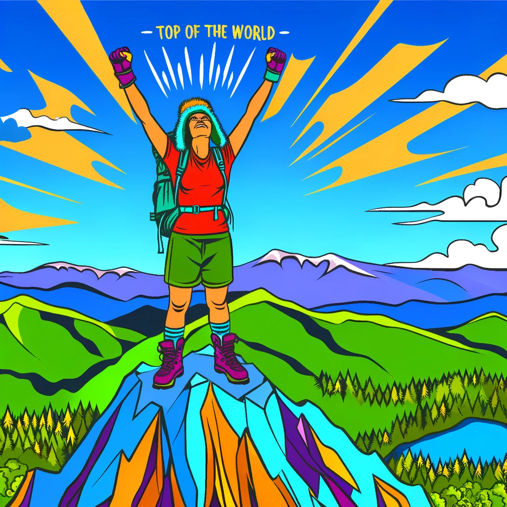 A vibrant and colorful image of a person standing on the peak of a mountain with their arms raised high in triumph. The sky is clear blue with a few fluffy clouds, and the sun is shining brightly. Below, the mountain slopes are dotted with green trees and a few patches of snow. The person is dressed in hiking gear, including boots, backpack, and a hat. They look exhilarated and victorious. A bold caption at the bottom reads: "Top of the world - Success is climbing your own mountain!"