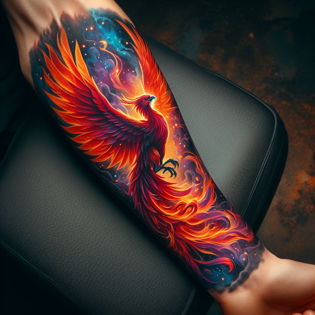 A vibrant phoenix tattoo rising from the ashes, covering a previous design on the forearm, symbolizing rebirth and transformation.