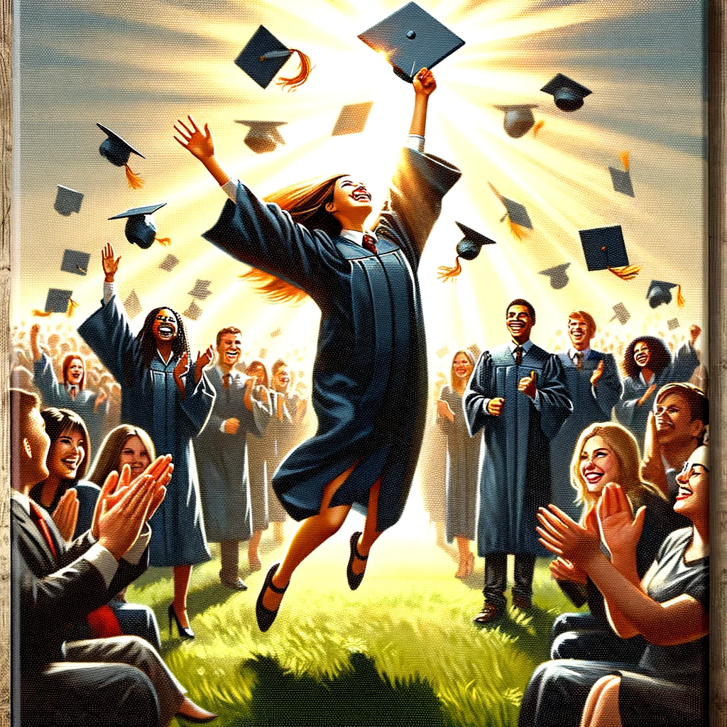 An image of a bright, sunny day at a graduation ceremony. In the foreground, a jubilant graduate in cap and gown throws their cap into the air, surrounded by fellow graduates doing the same. The scene captures a moment of pure joy and achievement. The graduates are diverse in appearance, symbolizing success for everyone. In the background, a proud crowd of families and friends are cheering and clapping. A bold caption at the bottom reads: "The tassel was worth the hassle - Here's to new beginnings!"