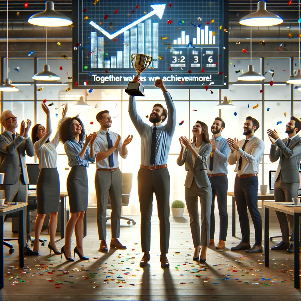 An office scene where a team is celebrating a big win. Confetti is flying through the air, and everyone is clapping and cheering. One person is holding a trophy high above their head, symbolizing their success. The team members are diverse, wearing business casual attire, and their expressions are full of joy and pride. In the background, a digital scoreboard shows impressive sales figures. A bold caption at the bottom of the image reads: "Teamwork makes the dream work - Together we achieve more!"