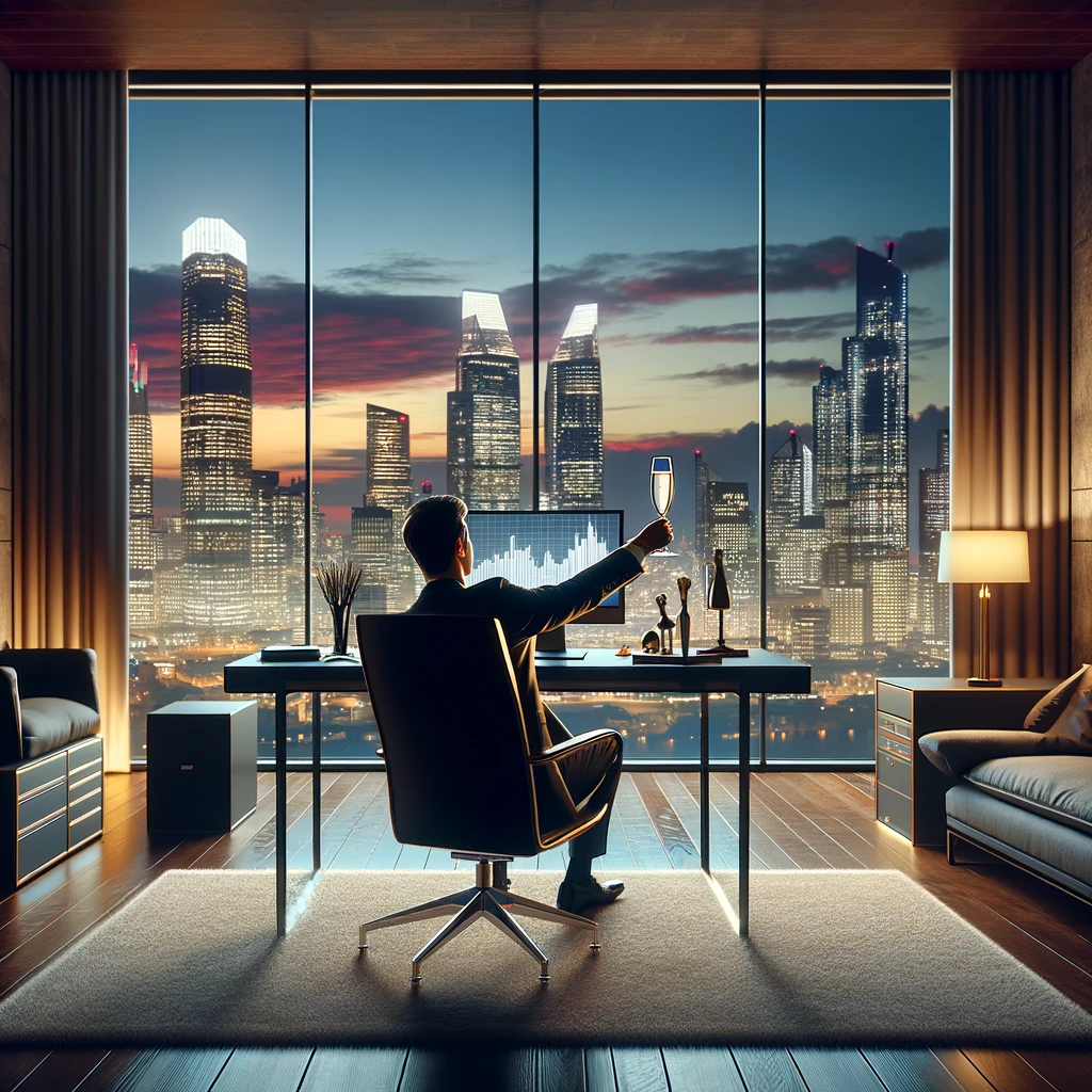 A luxurious home office with a large window showcasing a breathtaking view of the city skyline at dusk. The desk is sleek and modern, with a top-of-the-line computer setup, and the chair is plush and comfortable. A person is seen from the back, raising a glass of champagne towards the view, celebrating a personal milestone or business success. The room is lit by soft, ambient lighting, adding to the atmosphere of achievement and luxury. A bold caption at the bottom reads: "Sip the success - Hard work pays off in beautiful ways!"