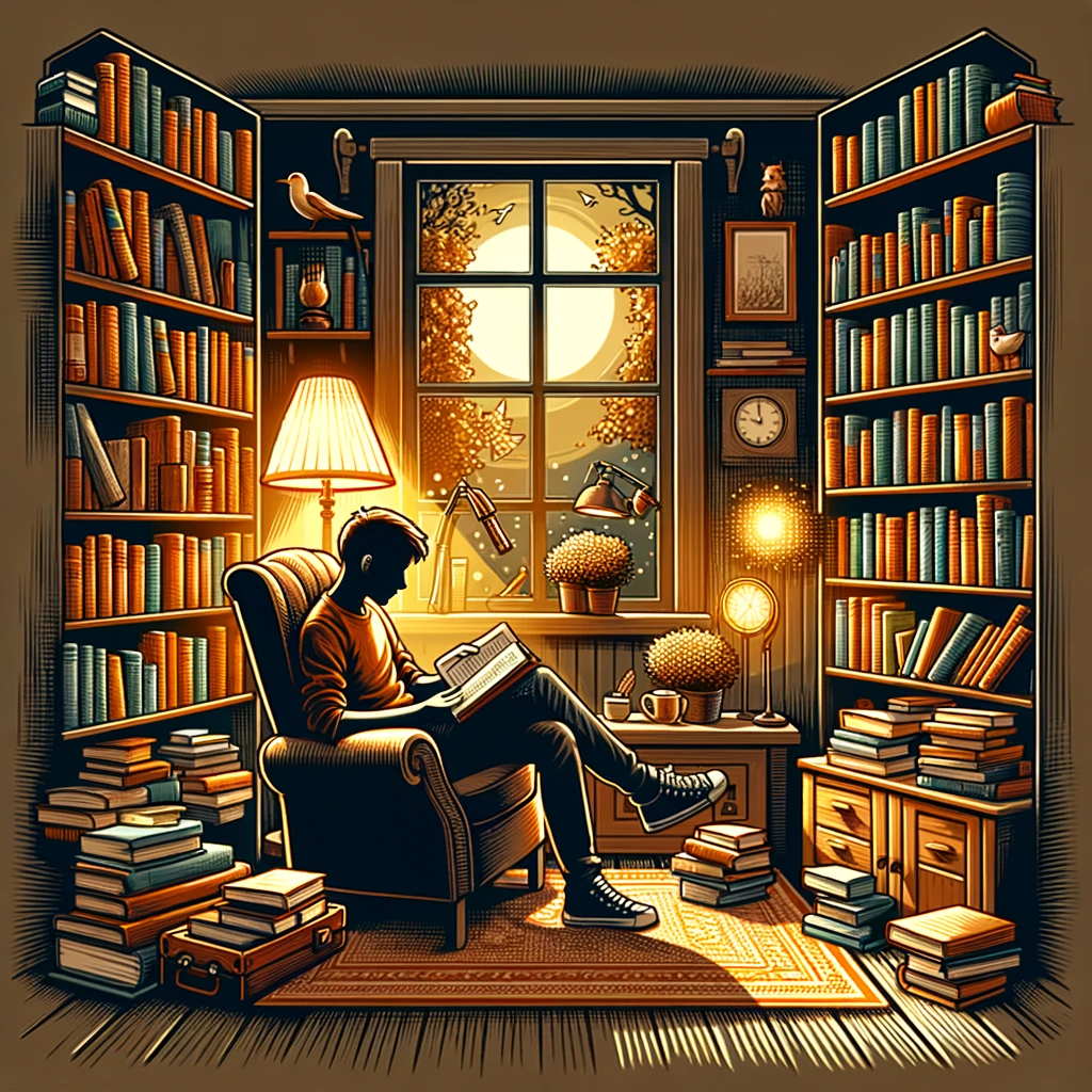 A cozy reading nook filled with books, a comfortable armchair, and a warm, glowing lamp. A person sits in the chair, legs crossed, engrossed in a book, symbolizing the success of personal growth and learning. The nook is situated near a window with a view of a peaceful garden, adding to the serene atmosphere. The shelves are filled with an array of books, suggesting a wide range of knowledge and interests. A bold caption at the bottom reads: "Knowledge is power - The journey of learning never ends!"