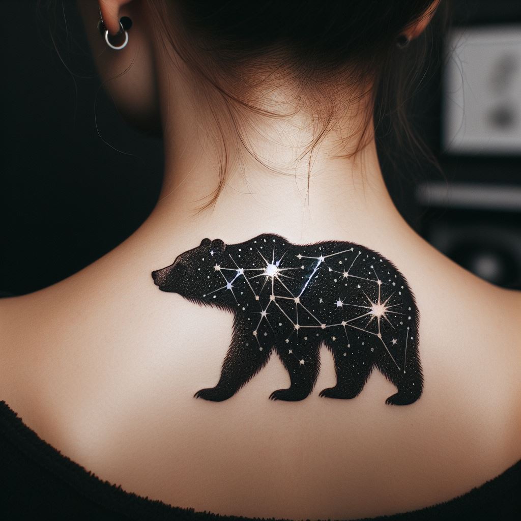 A tattoo of a bear's silhouette at the nape of the neck, its outline filled with a starry night sky. The bear appears to be gazing upward, with constellations forming within its silhouette. This design merges the wild with the celestial, symbolizing introspection and the pursuit of dreams. The tattoo is elegant and mystical, with fine lines creating the star patterns and the bear's outline, making it an enchanting addition to the body.