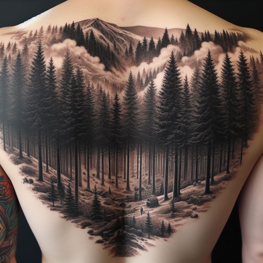 A detailed, monochromatic forest landscape tattoo, seamlessly integrating an old tattoo into the scenery, spanning the entire back.