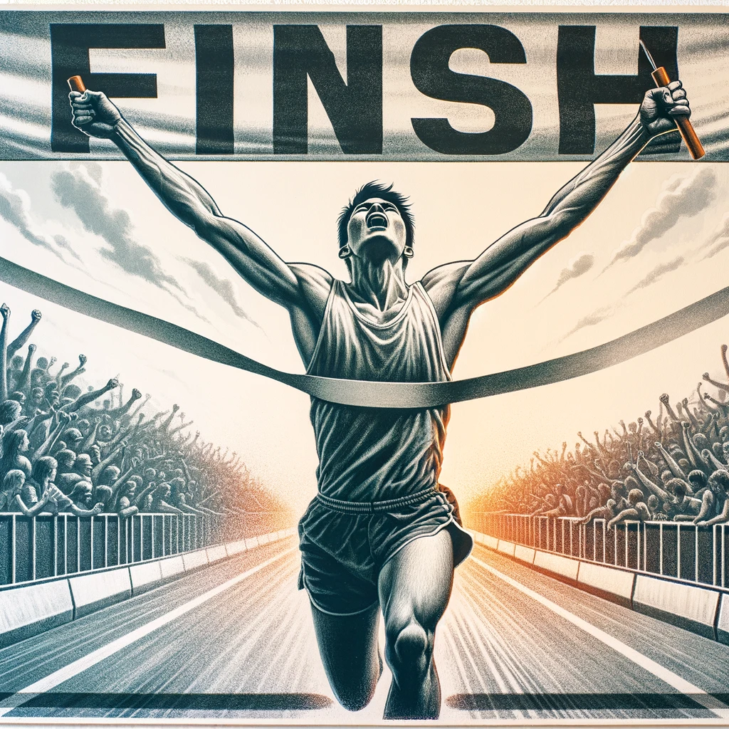 A runner crossing the finish line, arms raised in victory, breaking the tape. The scene captures the moment of triumph in a race, with the crowd cheering in the background. The runner's face is a mix of exhaustion and elation, embodying the hard work and determination it takes to win. The background features a clear sky and a banner that reads "Finish" above the line. A bold caption at the bottom reads: "Crossing the finish line - Every step counts towards victory!"