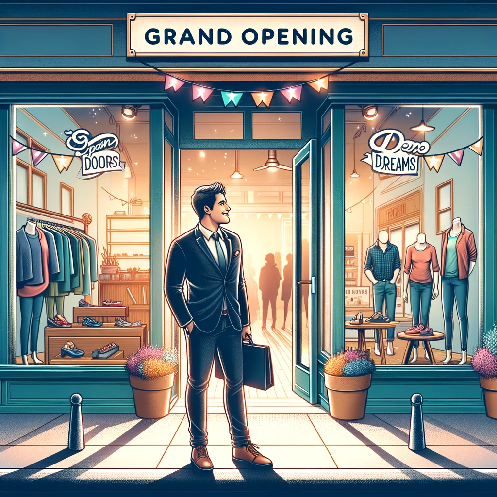 A small business owner stands proudly in front of their shop, which displays a "Grand Opening" sign. The shop front is inviting, with vibrant displays and a welcoming entrance. The owner is smiling, radiating a sense of accomplishment and hope for the future. Passersby are seen looking at the shop with interest. This scene symbolizes the realization of dreams and the start of a new venture. A bold caption at the bottom reads: "Opening doors to dreams - The first step to building an empire!"