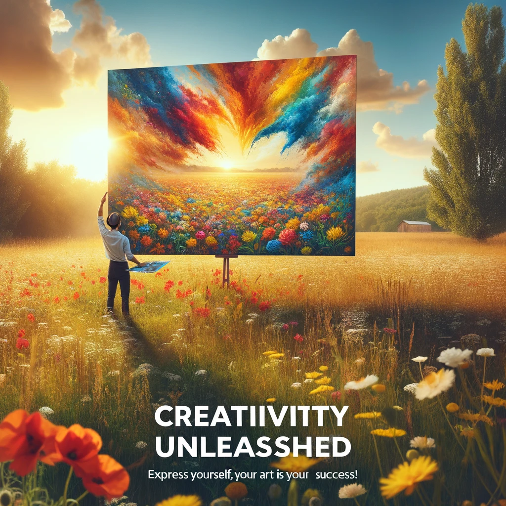 A person standing in a field of blooming flowers, holding a large, colorful painting that they have just finished. The painting is vibrant and full of life, reflecting the beauty of the surrounding nature. The artist looks satisfied and proud, taking a moment to admire their work. The sun is setting in the background, casting a golden light over the scene, enhancing the feeling of accomplishment and creativity. A bold caption at the bottom reads: "Creativity unleashed - Express yourself, your art is your success!"