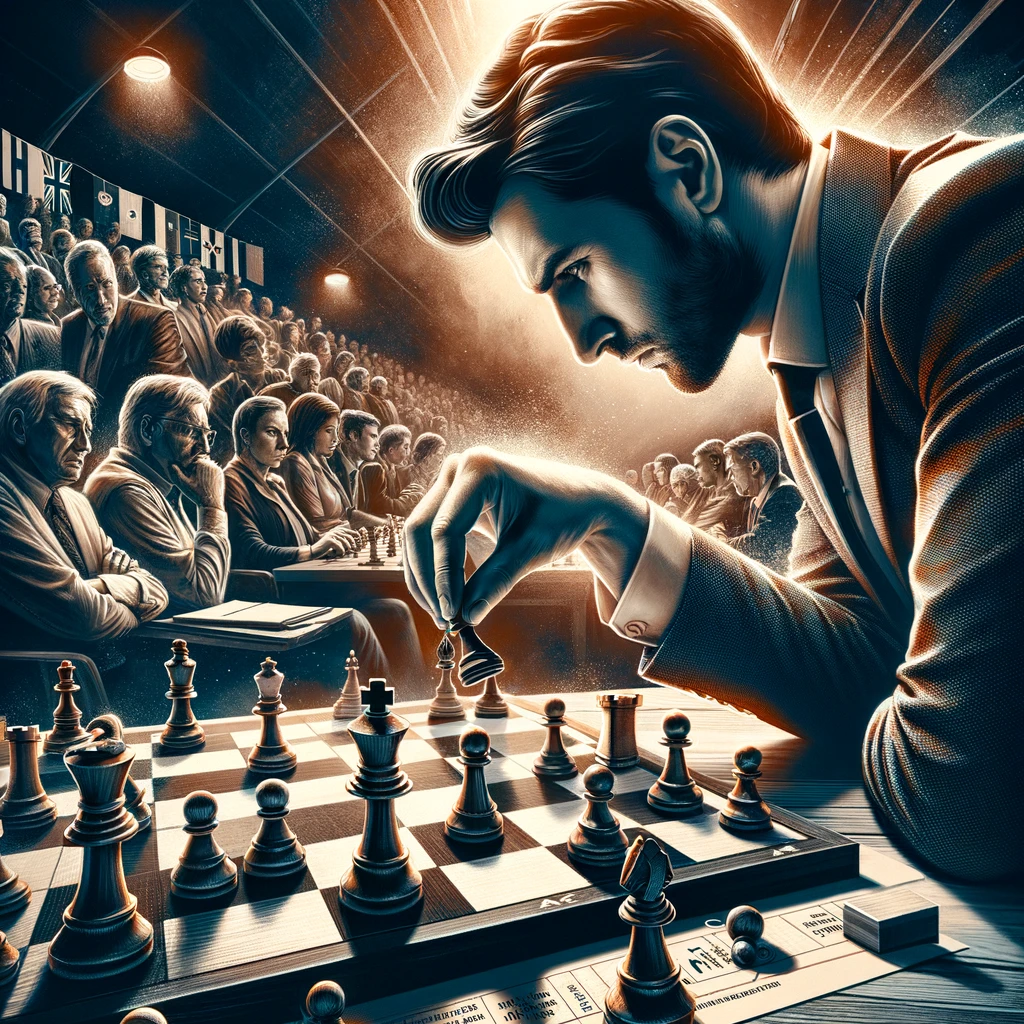A chess player in deep concentration, making a winning move with confidence. The chessboard is set against a backdrop of a tense competition scene, with spectators watching closely. The player's hand is captured in motion as they move the queen to deliver a checkmate, symbolizing strategic success and intellectual victory. The atmosphere is charged with anticipation and respect for the skill displayed. A bold caption at the bottom reads: "Master the game - Strategy leads to victory!"
