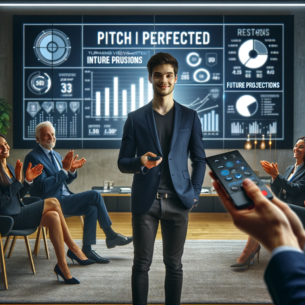 A young entrepreneur standing in front of a digital screen displaying a successful startup pitch, with investors applauding in the background. The entrepreneur is showing a confident smile, holding a remote control that was used to navigate the presentation. The screen highlights impressive metrics and future projections, symbolizing the potential for growth and success. The room is modern and well-lit, embodying a professional atmosphere. A bold caption at the bottom reads: "Pitch perfected - Turning visions into reality!"
