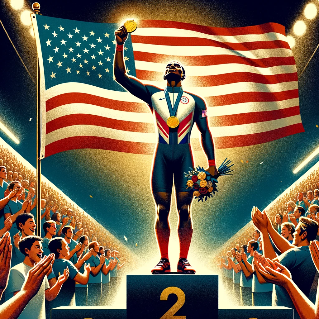 An athlete standing on a podium, gold medal around their neck, national flag raised behind them. The athlete is beaming with pride, hand over heart, as their country's national anthem plays. The scene is emotionally charged, symbolizing the pinnacle of sporting achievement and national pride. Spectators in the stands are clapping and cheering, capturing a moment of collective joy and admiration. A bold caption at the bottom reads: "Gold standard - The peak of excellence!"