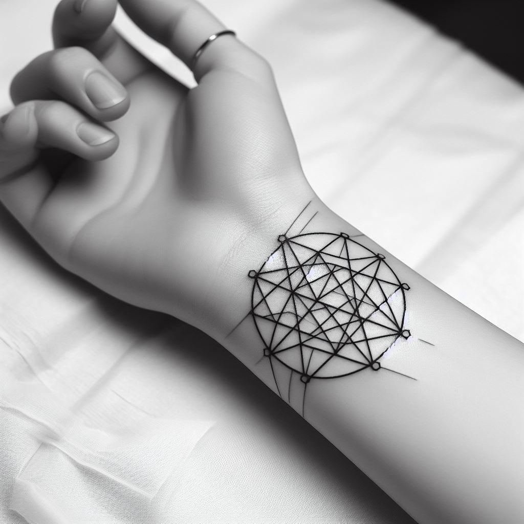 A minimalist geometric pattern tattoo on the wrist, designed to cover and transform an outdated tattoo into a modern piece of art.