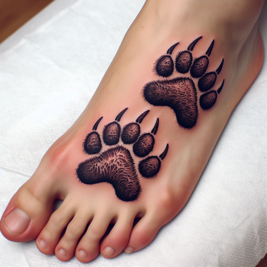 A tattoo of two bear tracks crossing over the top of the foot, symbolizing the path walked together with nature. Each footprint is detailed, showing the texture of the bear's pads and claws.