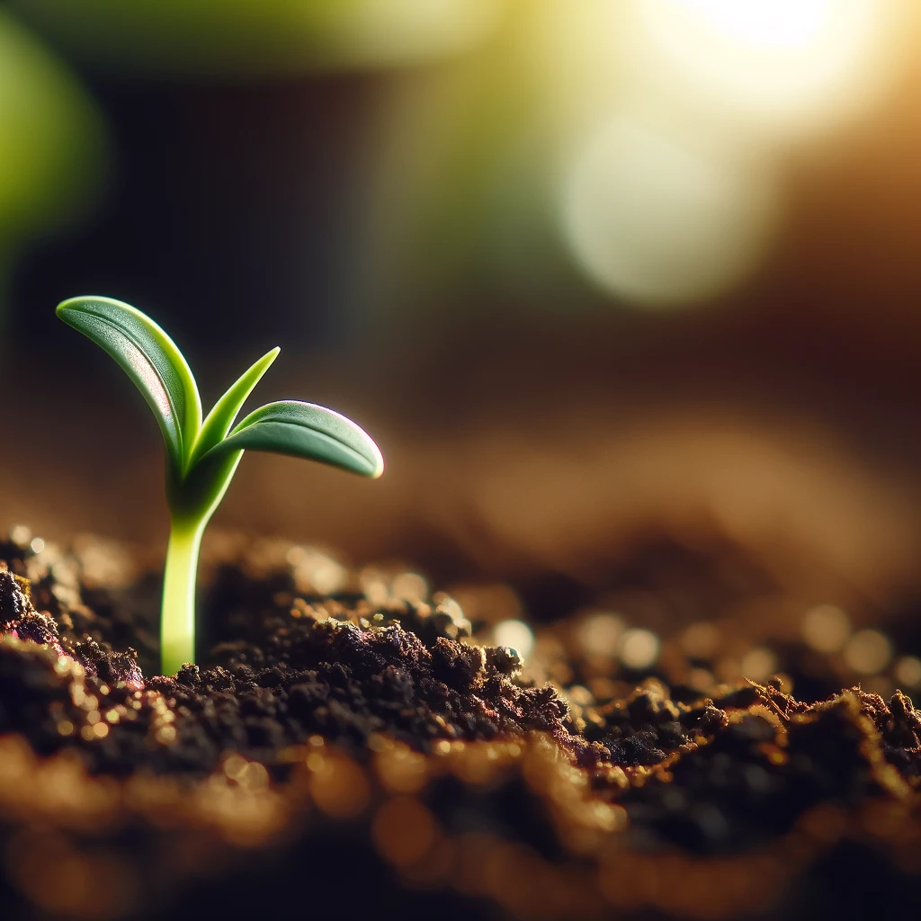 A close-up of a young plant sprouting from fertile soil. The focus should be on the small, green sprout as it emerges from the dark soil, symbolizing new beginnings and growth. The background can be softly blurred to emphasize the sprout. The soil should appear rich and nourishing, suggesting a healthy environment for growth. The caption at the bottom of the image reads, 'From small beginnings come great things.' The image should inspire ideas of potential, growth, and the importance of beginnings.