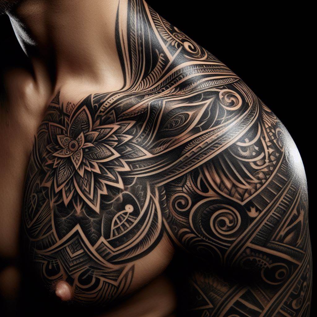 An intricate tribal tattoo on the shoulder, using deep blacks and complex patterns to cover an old tattoo, blending tradition with personal history.