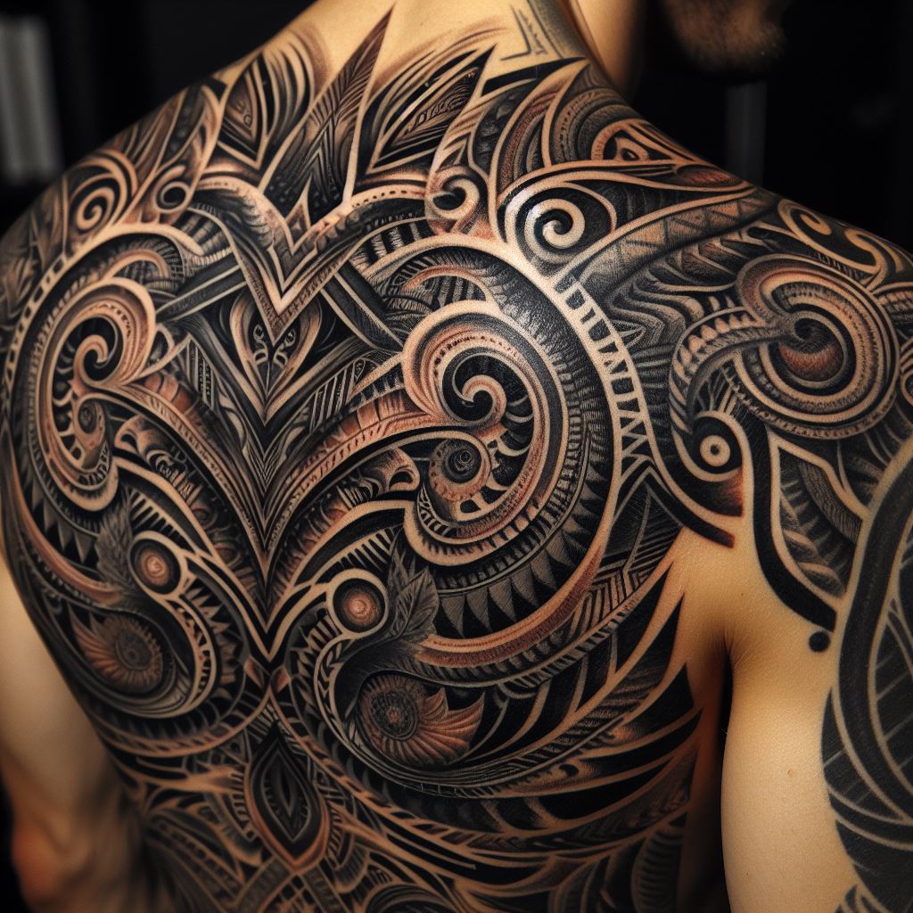 An intricate tribal tattoo on the shoulder, using deep blacks and complex patterns to cover an old tattoo, blending tradition with personal history.