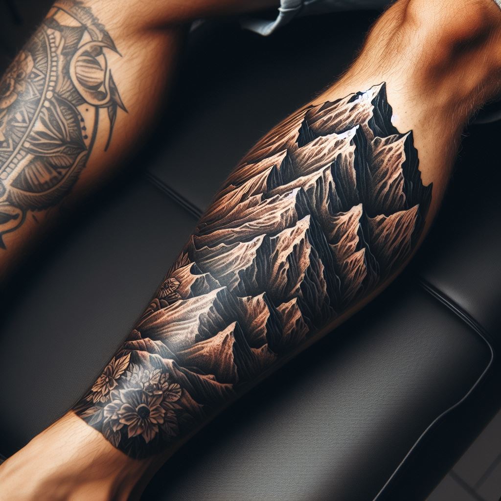 A majestic mountain range tattoo on the calf, with detailed peaks and valleys that seamlessly integrate an older tattoo into the landscape.