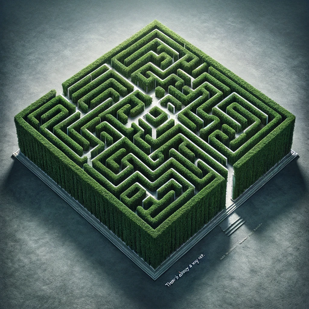 An aerial view of a complex maze with a clear path leading out, representing problem-solving and finding solutions. The maze should be intricate with many dead ends and turns, but with one distinct path leading to the exit. The view should be from above, giving a clear overview of the entire maze. The walls of the maze can be made of green hedges, adding a natural and aesthetic element. The caption at the bottom reads, 'There's always a way out. Find your path.' This image should convey the concept of challenges and the satisfaction of finding solutions.