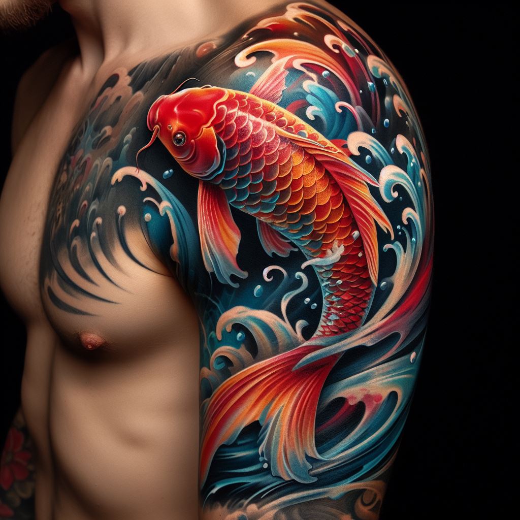A striking koi fish tattoo swimming upstream on the upper arm, its vibrant colors and dynamic movement disguising a previous tattoo.