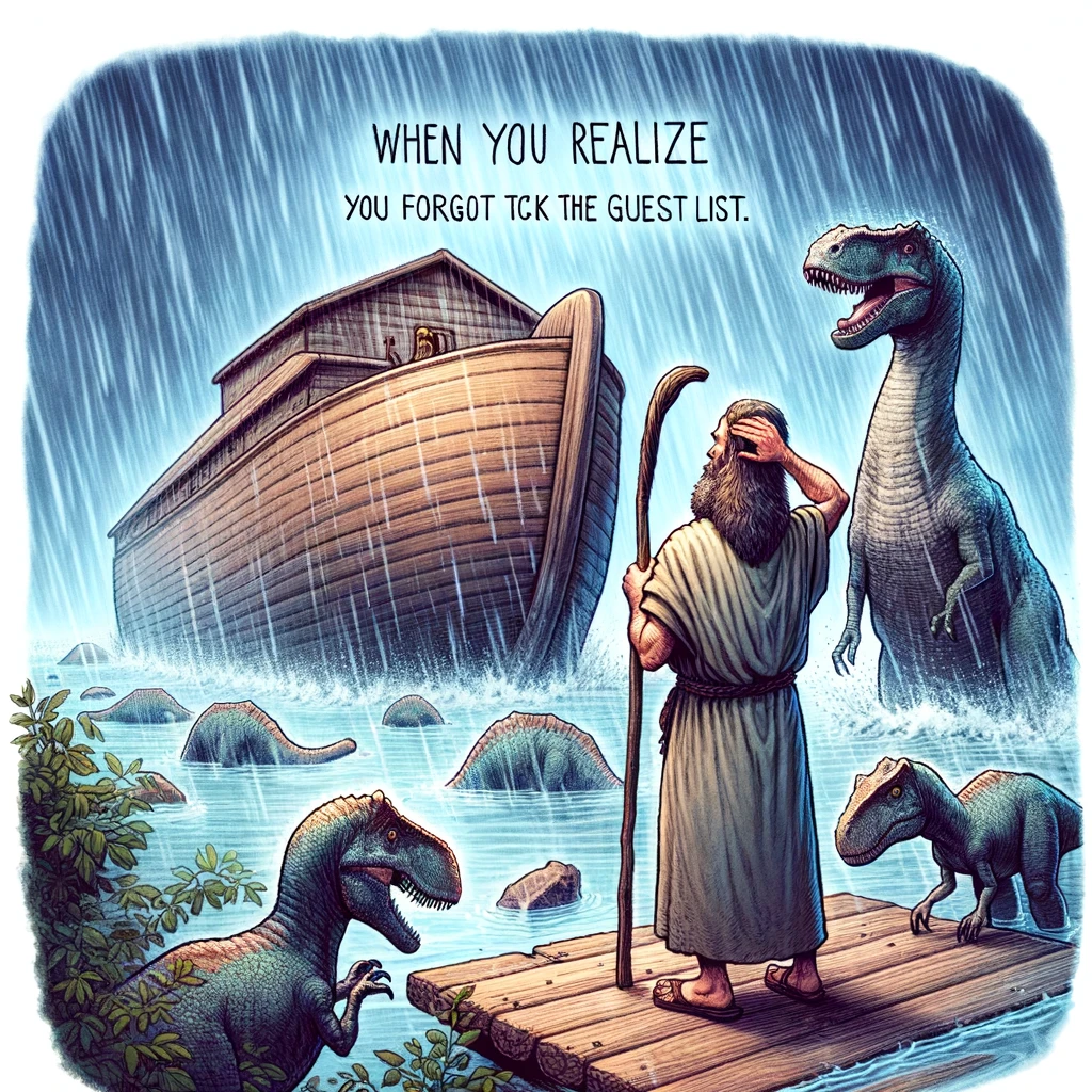An illustration of Noah's Ark during a heavy rain, with Noah looking at a pair of dinosaurs standing outside the ark, scratching his head in confusion. The caption reads, "When you realize you forgot to check the guest list."