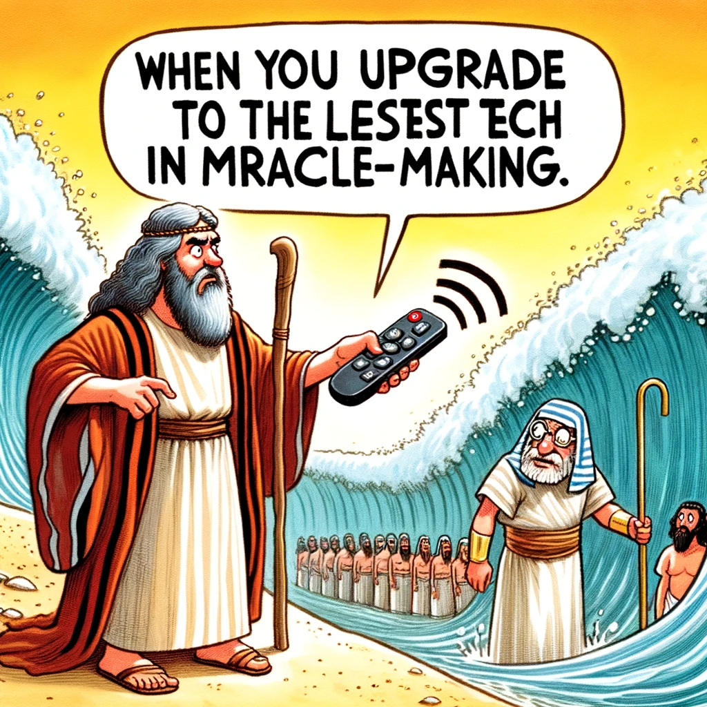 A cartoon of Moses parting the Red Sea with a remote control, with a puzzled Pharaoh looking on from the shore. The caption reads, "When you upgrade to the latest tech in miracle-making."