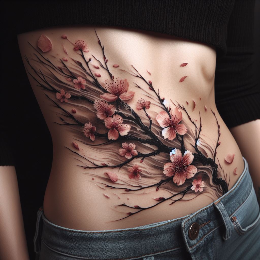 An elegant cherry blossom branch tattoo stretching across the rib cage, with blossoms drifting over and obscuring an older tattoo, symbolizing renewal and the fleeting nature of life.