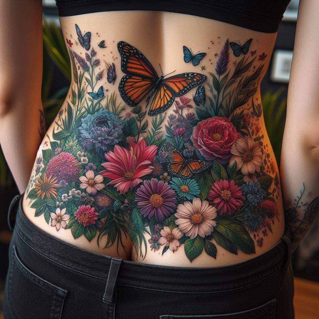 A captivating garden scene tattoo on the lower back, featuring a variety of flowers and butterflies that artfully cover a previous tattoo with vibrant colors and life.