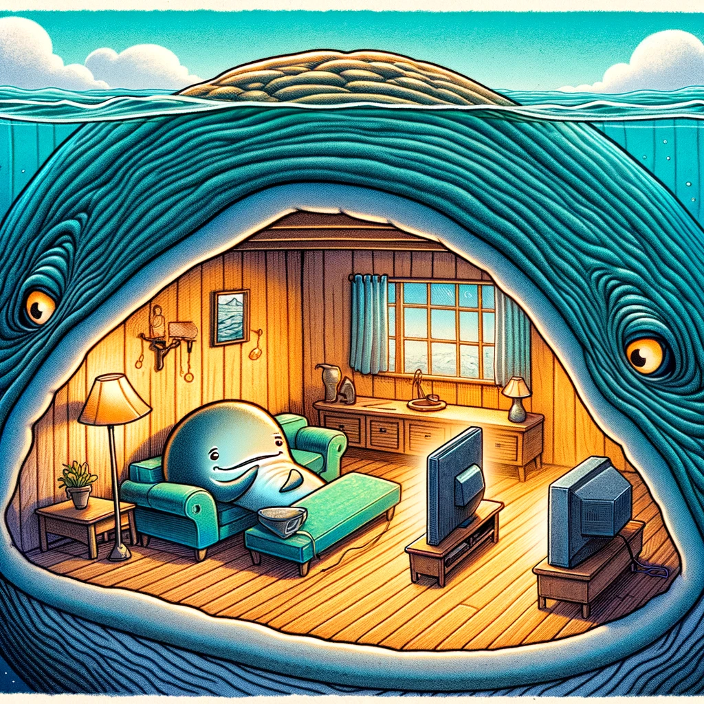 An amusing depiction of Jonah inside the whale, setting up a cozy living room with a sofa, lamp, and a TV, looking bored. The caption reads, "When you're stuck in a situation but make the best of it."