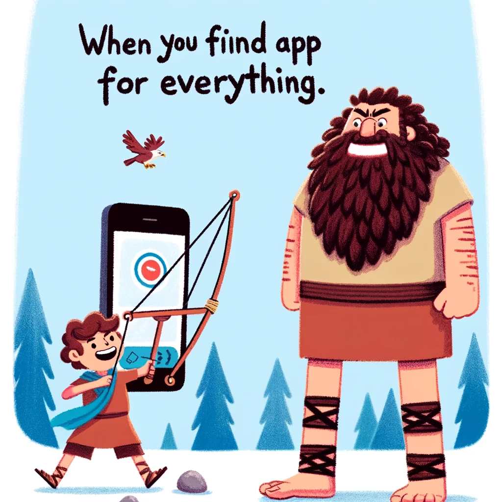 A playful illustration of David and Goliath, with David using a slingshot app on his smartphone to aim at Goliath. The caption reads, "When you find an app for everything."