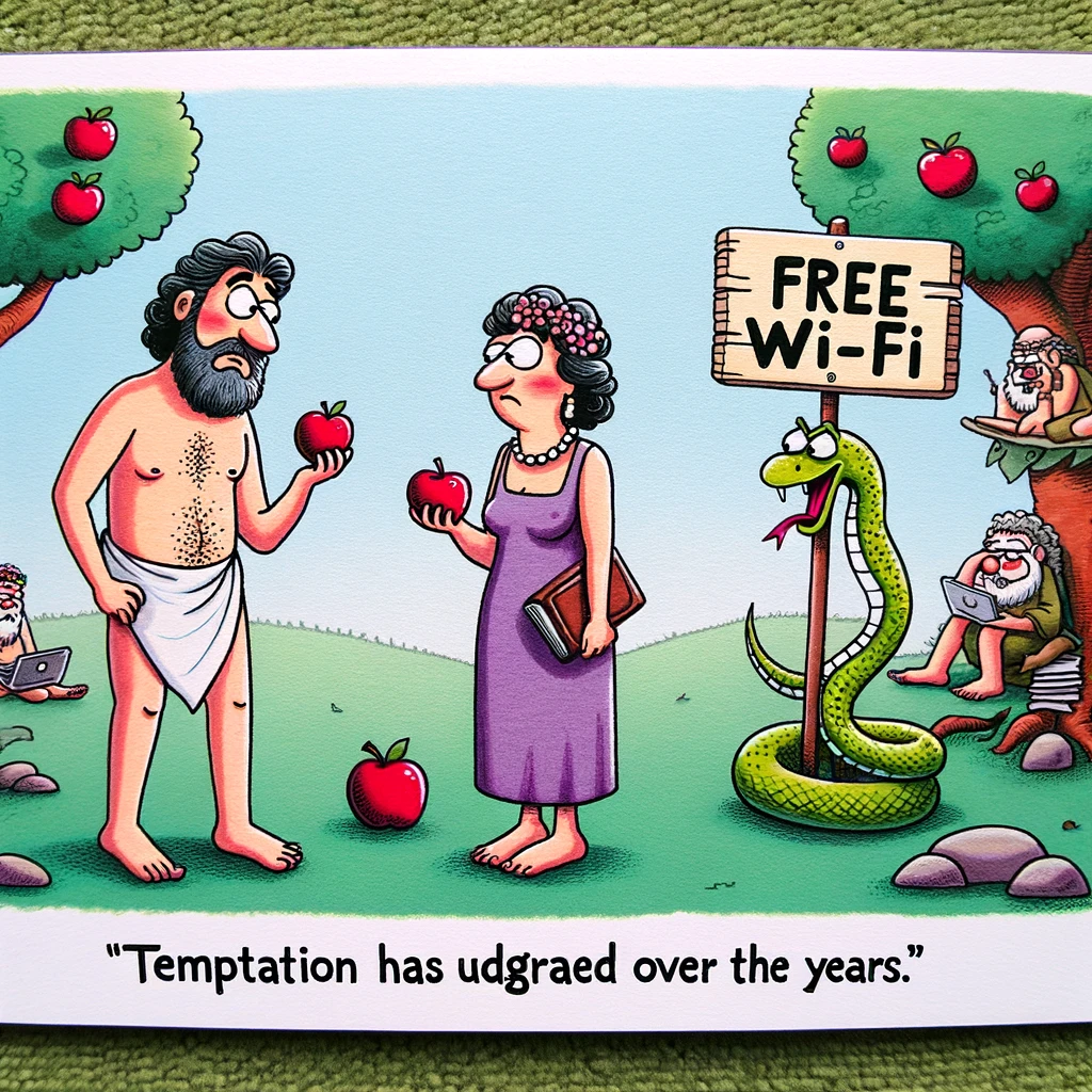 A humorous scene of Adam and Eve in the Garden of Eden, with Adam looking at an apple and a snake holding a sign that says "Free Wi-Fi." The caption reads, "Temptation has upgraded over the years."
