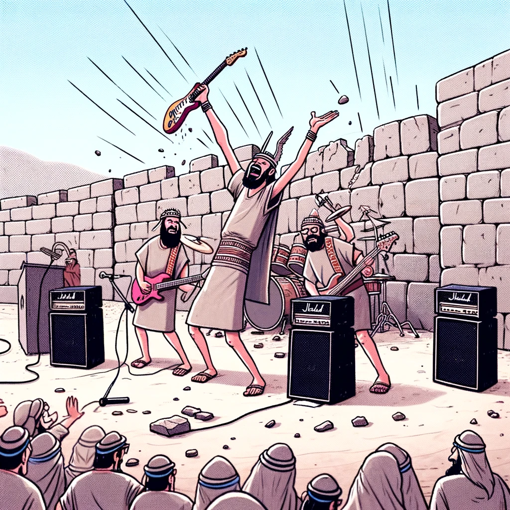 A cartoon of the walls of Jericho falling down as the Israelites play electric guitars and drums, with the caption "When your praise and worship team is on another level."
