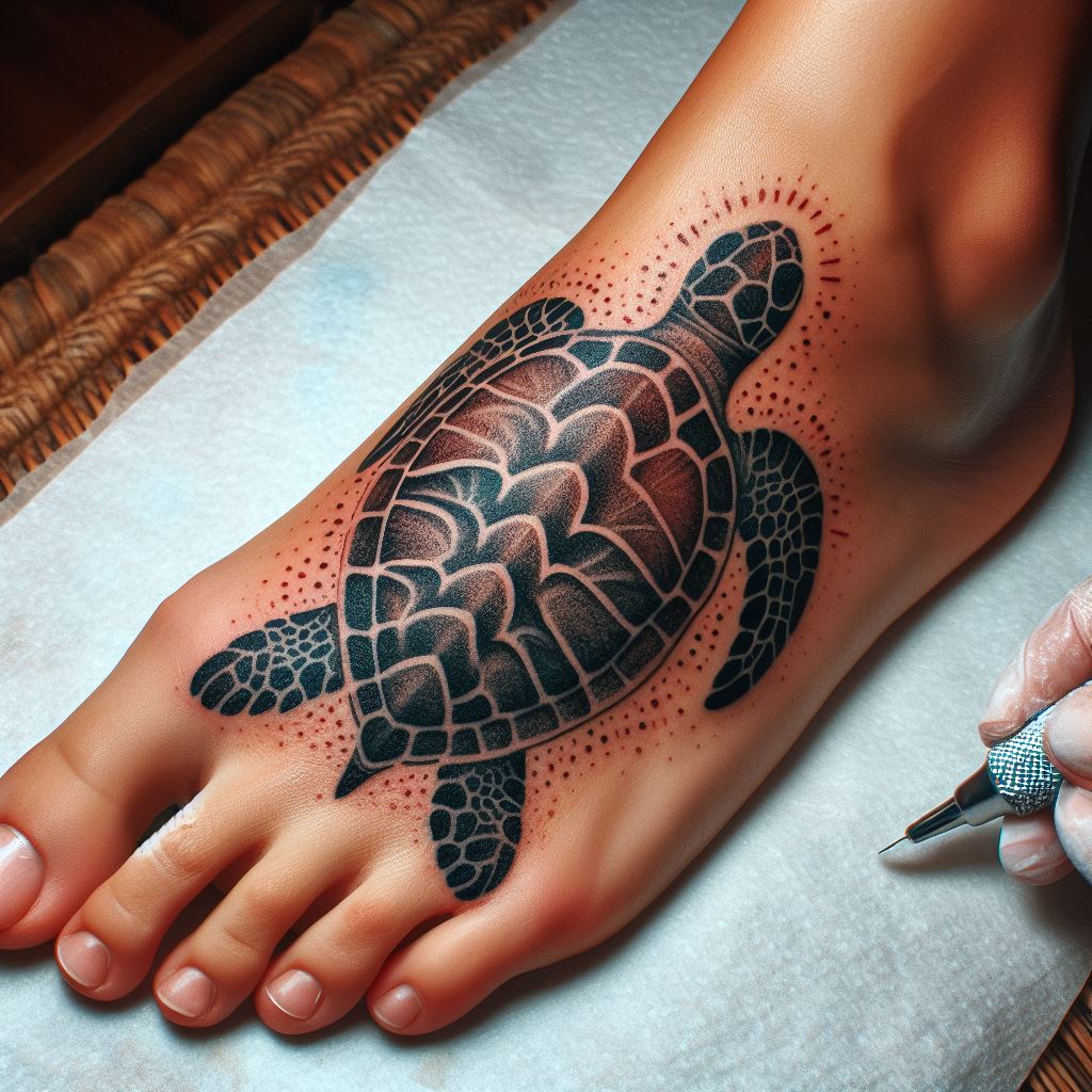 A whimsical sea turtle tattoo on the foot, using its shell pattern to ingeniously mask an outdated tattoo, symbolizing guidance and protection.