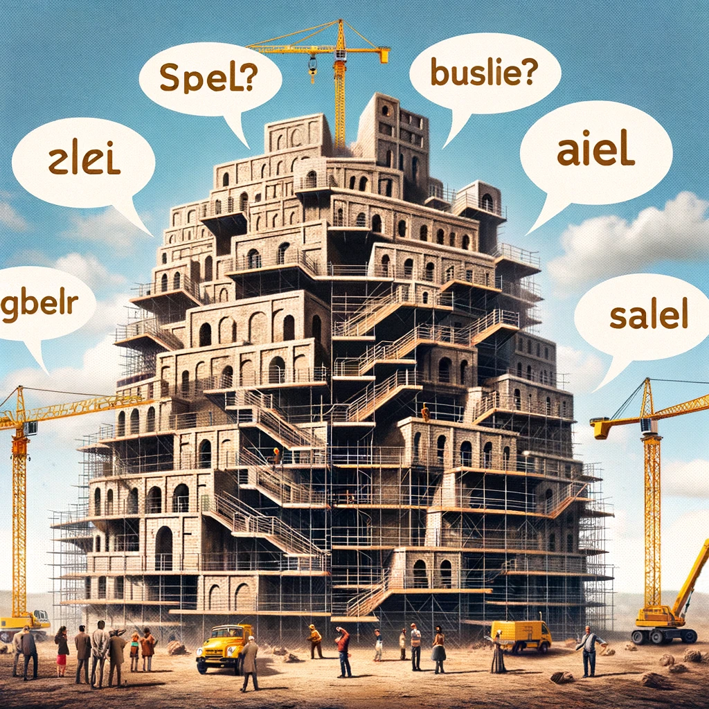 An image showing the Tower of Babel with construction workers using cranes and modern scaffolding, looking confused with different language speech bubbles. The caption reads, "When you realize why the project's not on schedule."