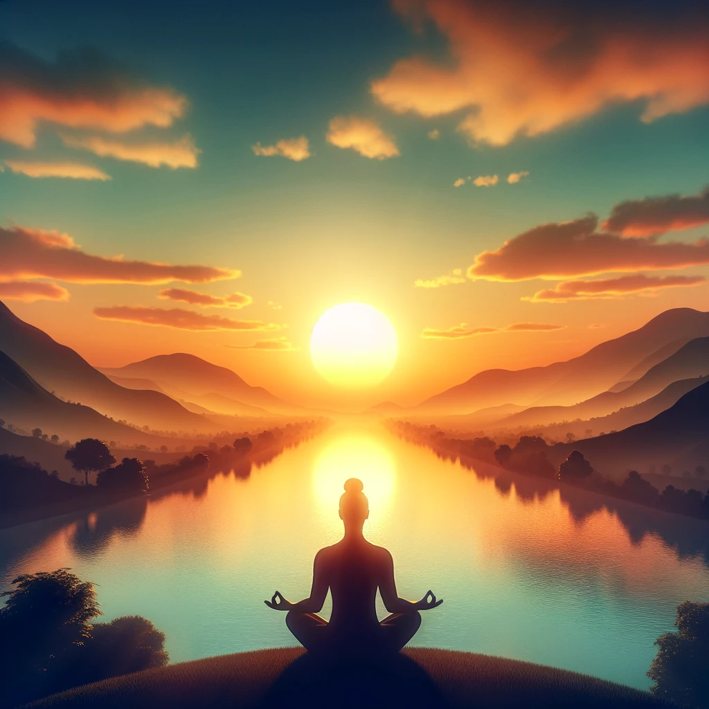 A serene image of a person meditating during a beautiful sunrise. The person should be seated in a classic meditation pose, silhouetted against the rising sun. The background should feature a tranquil landscape, possibly with gentle hills or a calm body of water, bathed in the soft, warm colors of sunrise. The atmosphere should be one of peace and stillness, evoking a sense of inner calm. At the bottom, the caption reads, 'Inner peace is the new success.' This image should inspire tranquility and the pursuit of inner harmony.