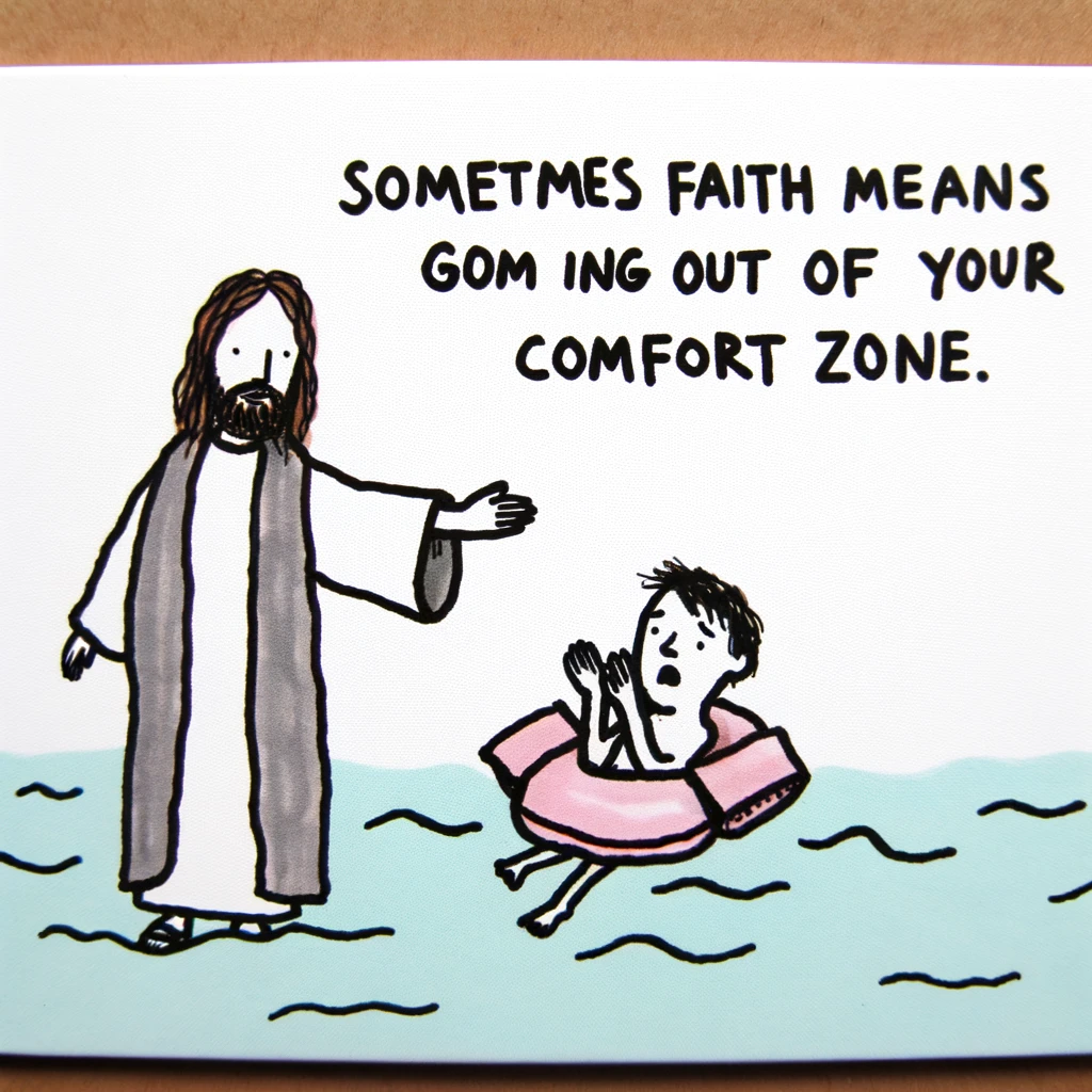 A whimsical drawing of Jesus walking on water, offering a hand to Peter who is using floaties and looking terrified. The caption reads, "Sometimes faith means getting out of your comfort zone."