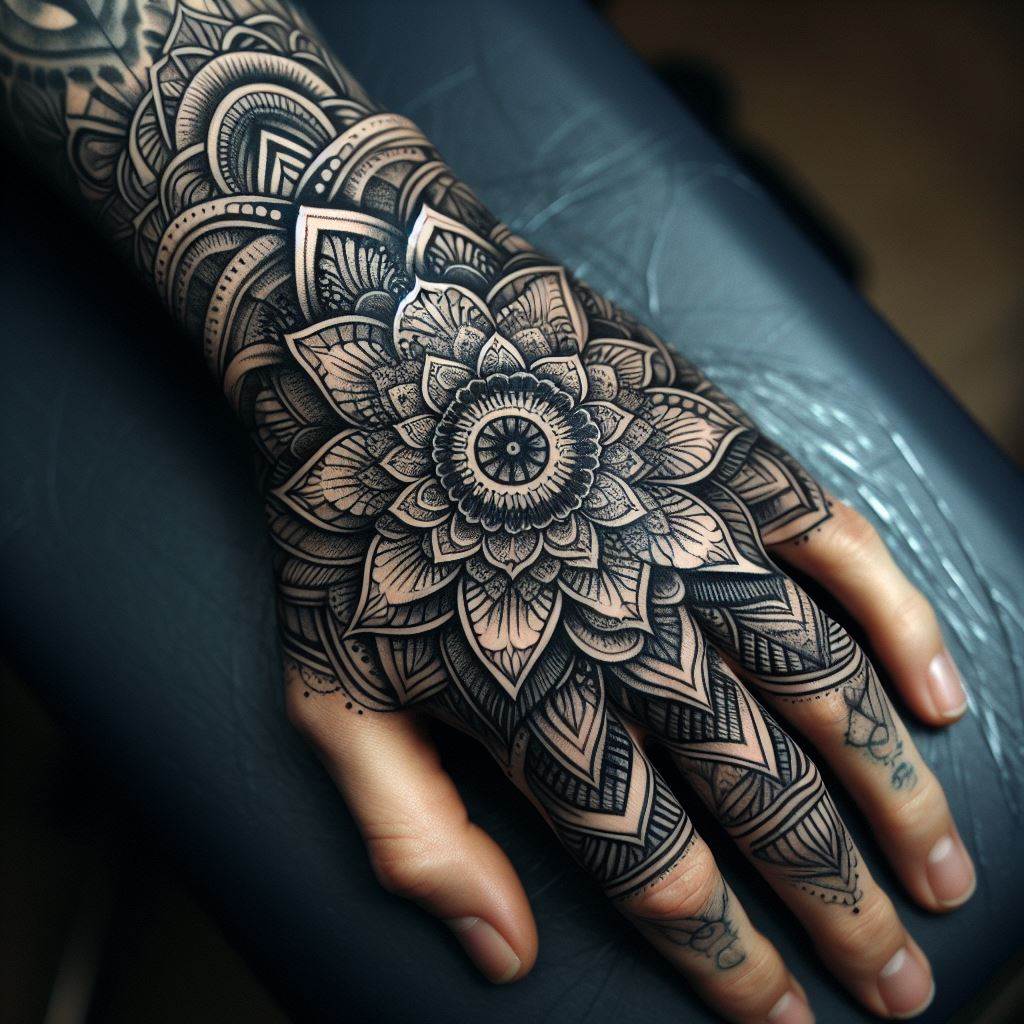 A sophisticated mandala tattoo on the hand, its intricate patterns and symmetry designed to envelop and transform an old tattoo into a piece of spiritual symbolism.