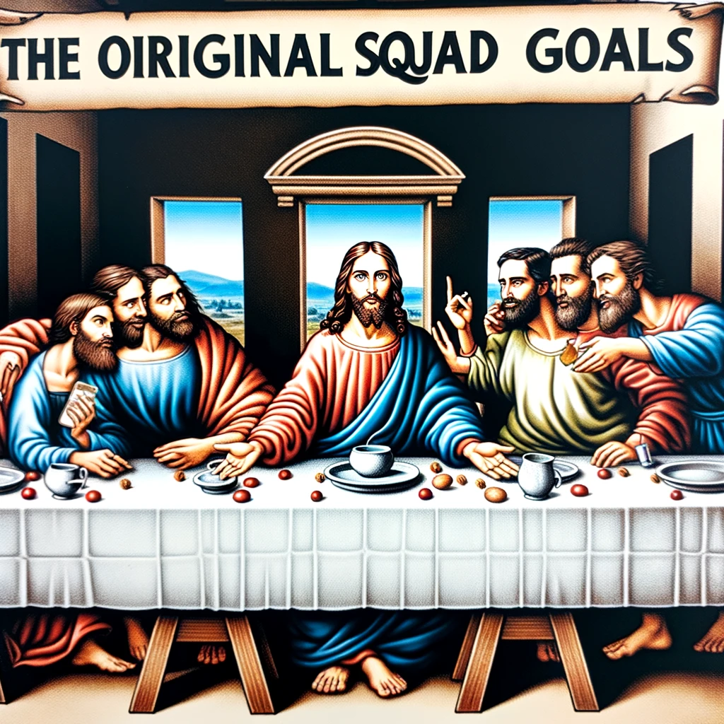 A funny illustration of the Last Supper with the disciples taking a group selfie, Jesus in the center posing. The caption reads, "The original squad goals."