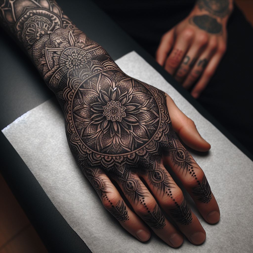 A sophisticated mandala tattoo on the hand, its intricate patterns and symmetry designed to envelop and transform an old tattoo into a piece of spiritual symbolism.