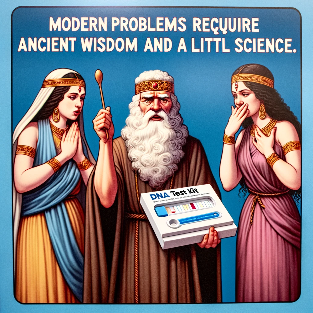 A playful depiction of Solomon judging between two women claiming to be the mother of a baby, with Solomon holding up a DNA test kit. The caption reads, "Modern problems require ancient wisdom and a little science."