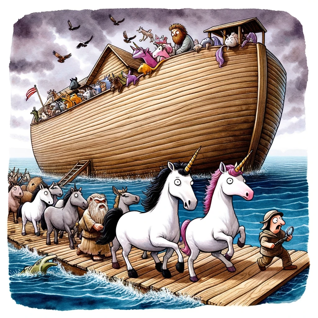 A humorous illustration showing the animals boarding Noah's Ark, with a pair of unicorns running late, looking at their watches. The caption reads, "When you're not a morning creature."