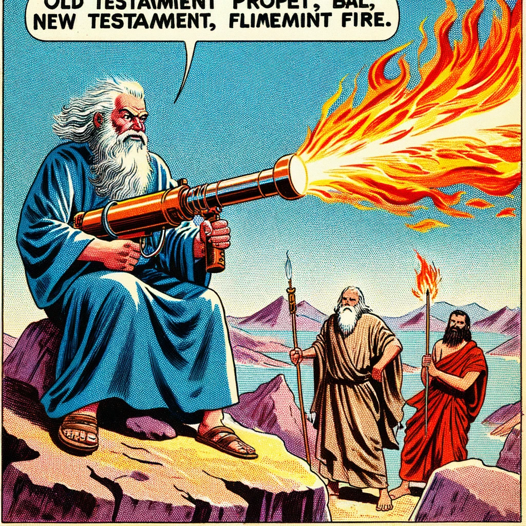 A comic scene of Elijah on Mount Carmel challenging the prophets of Baal, but he's using a flamethrower. The caption reads, "Old testament prophet, new testament fire."