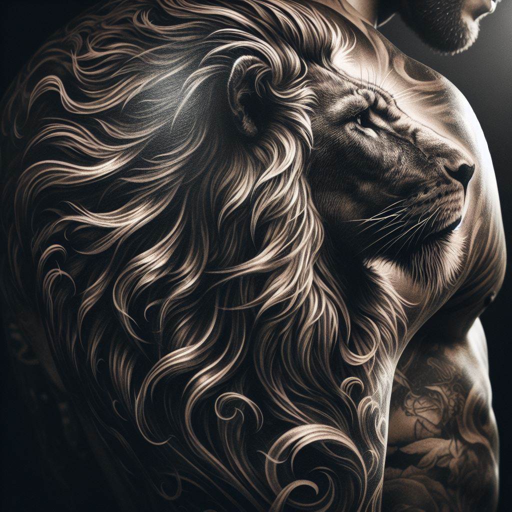 A powerful lion's head tattoo on the side of the torso, its mane flowing and blending into an old tattoo, embodying strength and courage.