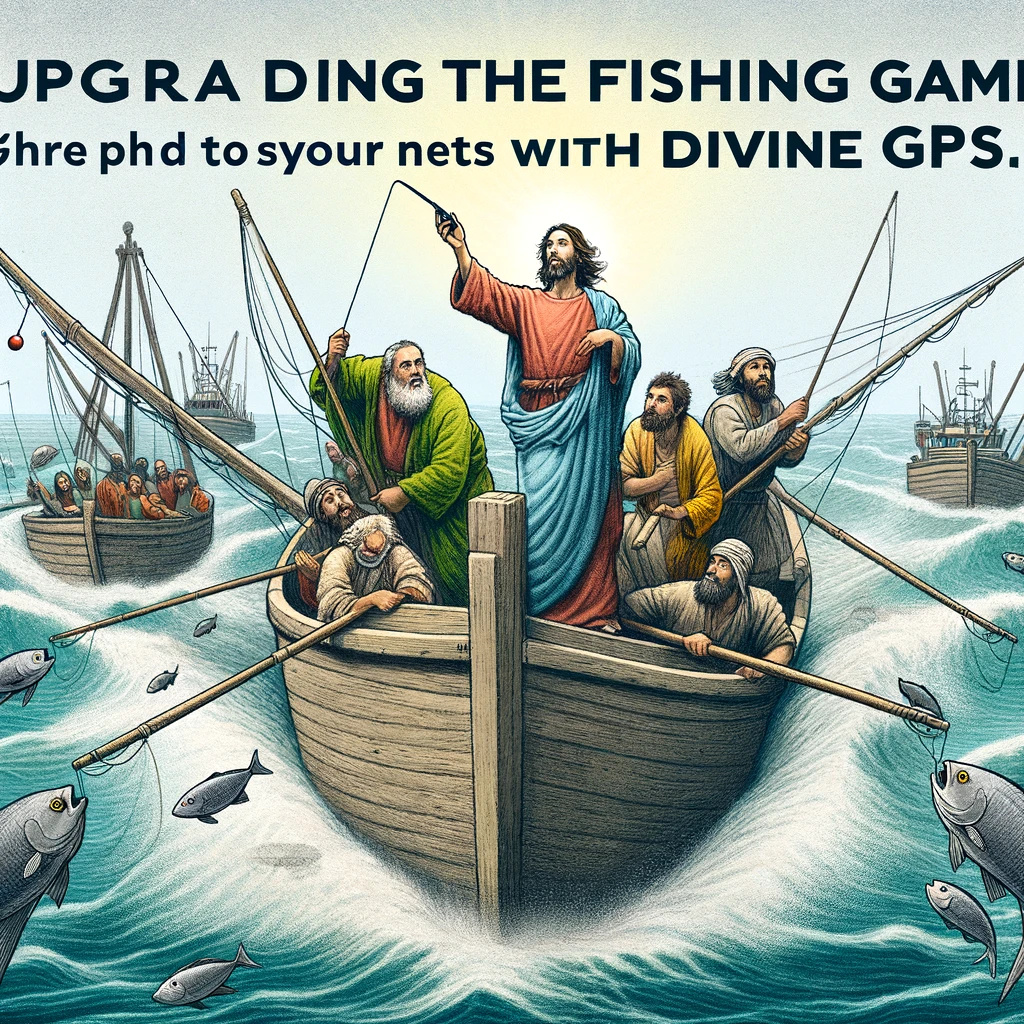 An illustration of the disciples catching a huge amount of fish after Jesus tells them where to cast their nets, but the boat is now a modern fishing trawler. The caption reads, "Upgrading the fishing game with divine GPS."
