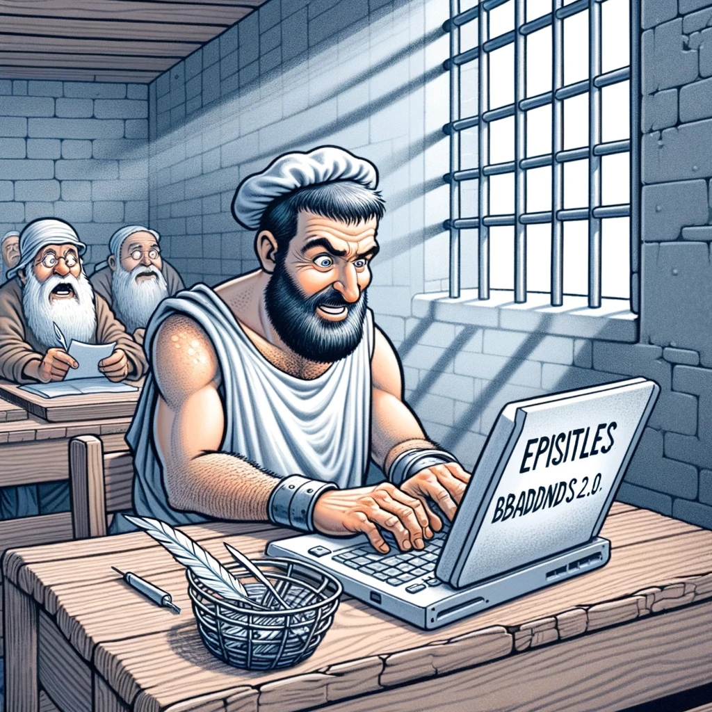 A funny scene with Paul writing letters in prison, but instead of a quill, he's typing on a laptop. The caption reads, "Epistles 2.0: Spreading the Good News at broadband speed."
