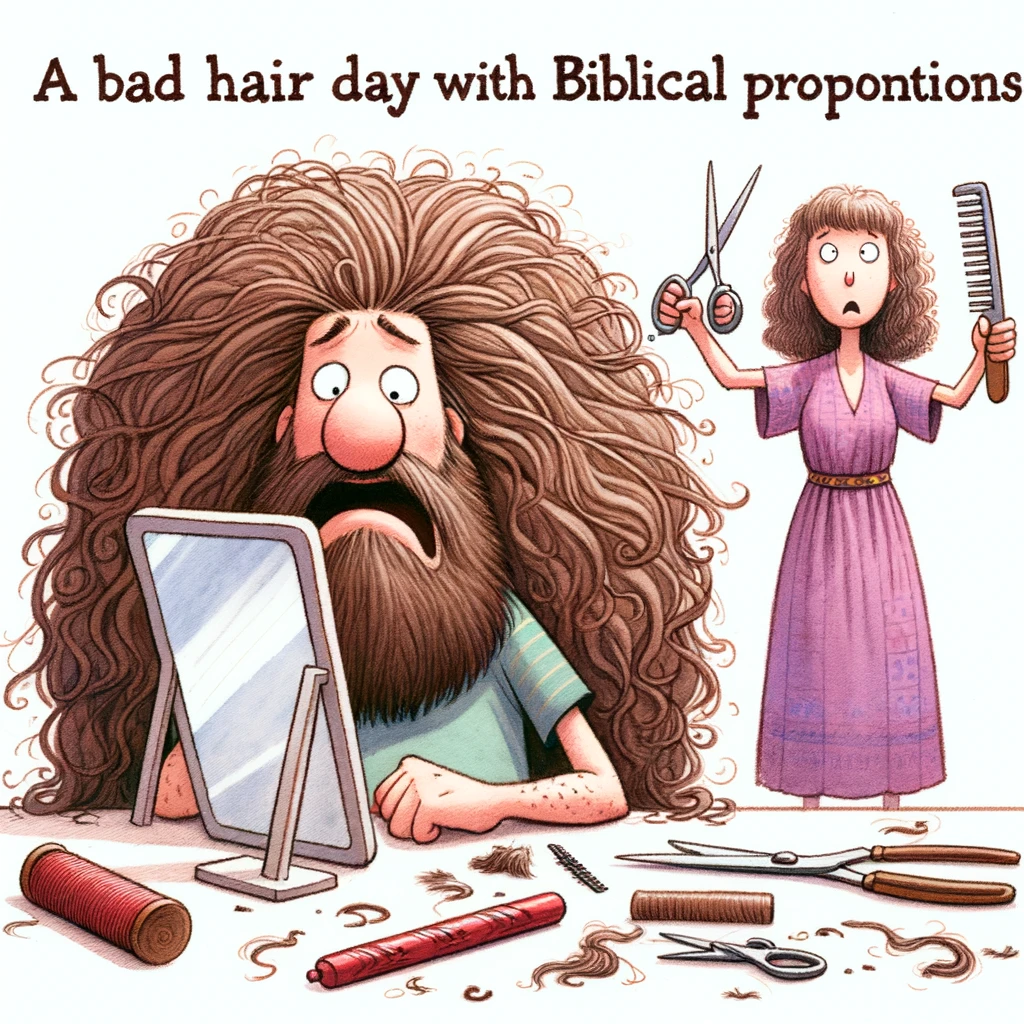 A whimsical drawing of Samson after cutting his hair, looking in the mirror with a shocked expression as Delilah holds scissors in the background. The caption reads, "A bad hair day with biblical proportions."