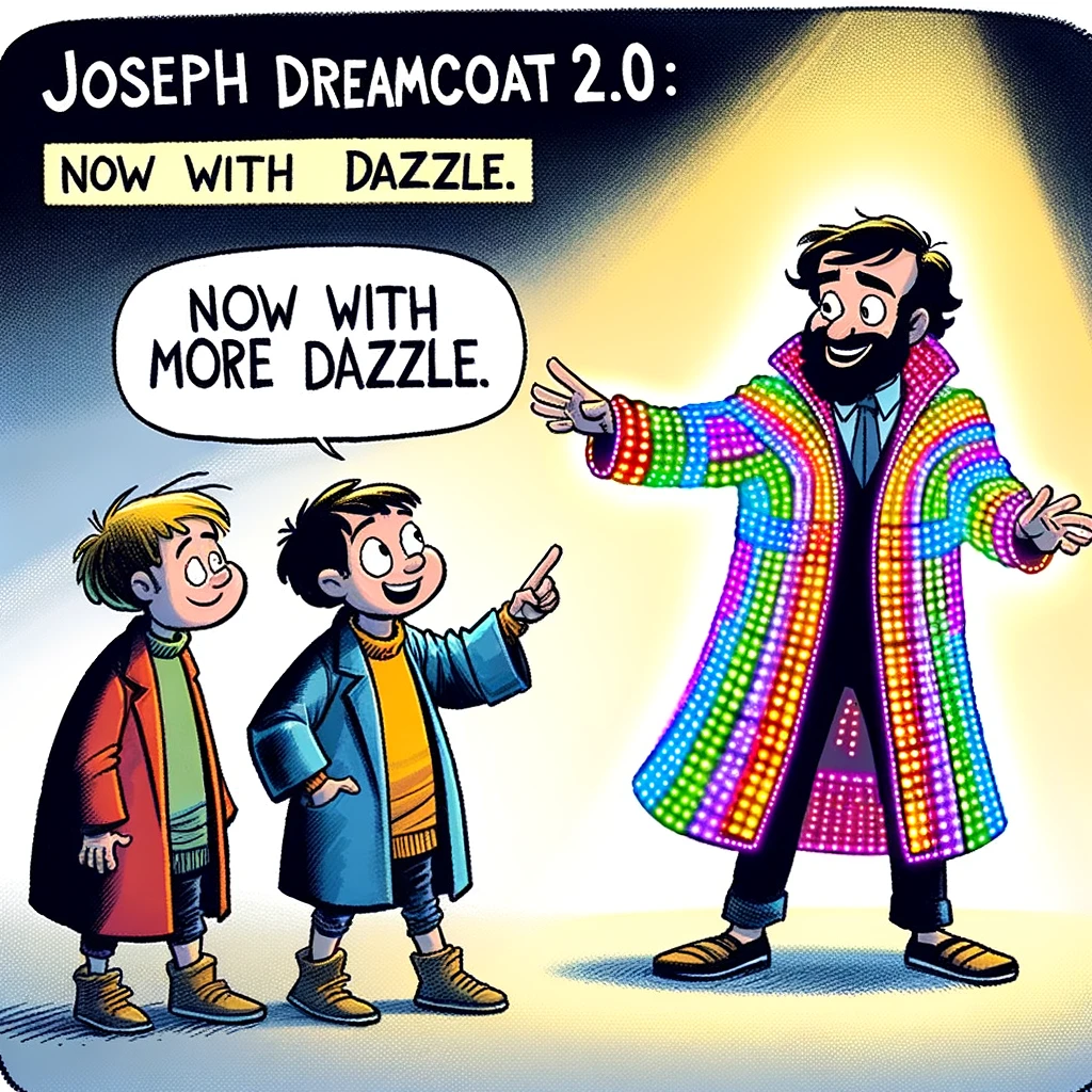 A cartoon of Joseph showing off his multicolored coat to his brothers, but it's a modern flashy LED light-up jacket. The caption reads, "Dreamcoat 2.0: Now with more dazzle."