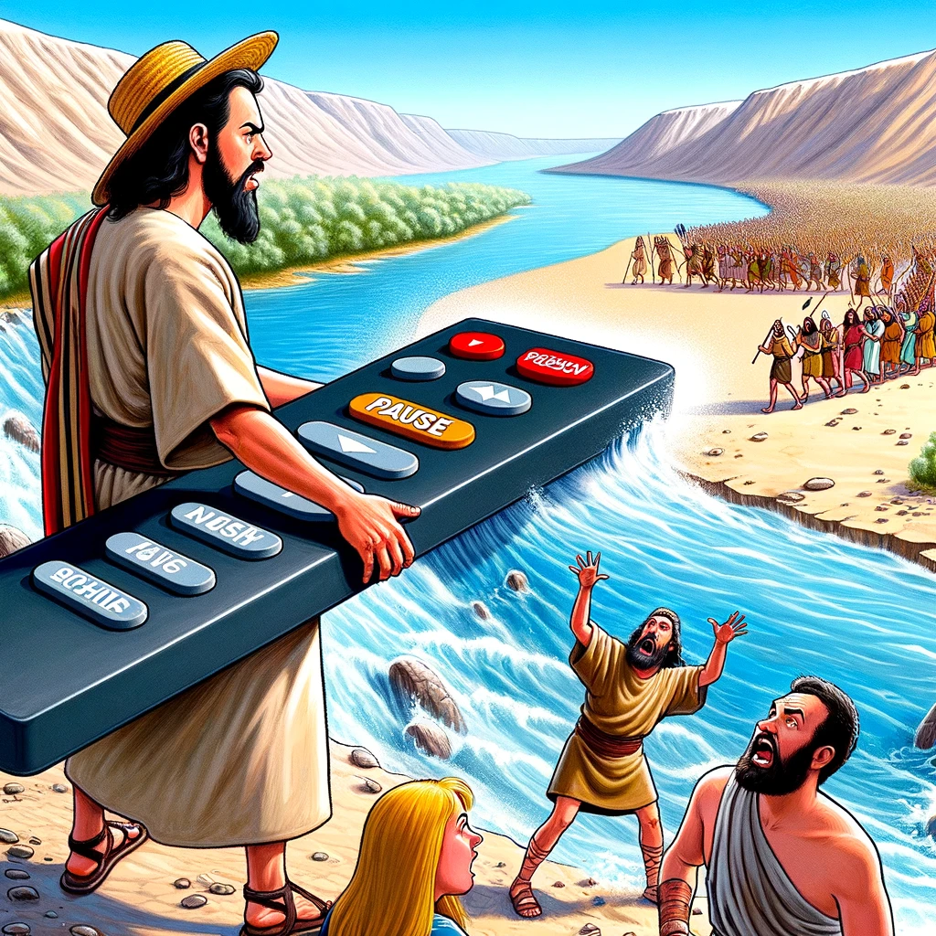 A comical depiction of the parting of the Jordan River with Joshua pressing a giant "pause" button on a remote control, while the Israelites cross on dry land, looking amazed. The caption reads, "When you have the ultimate remote control."