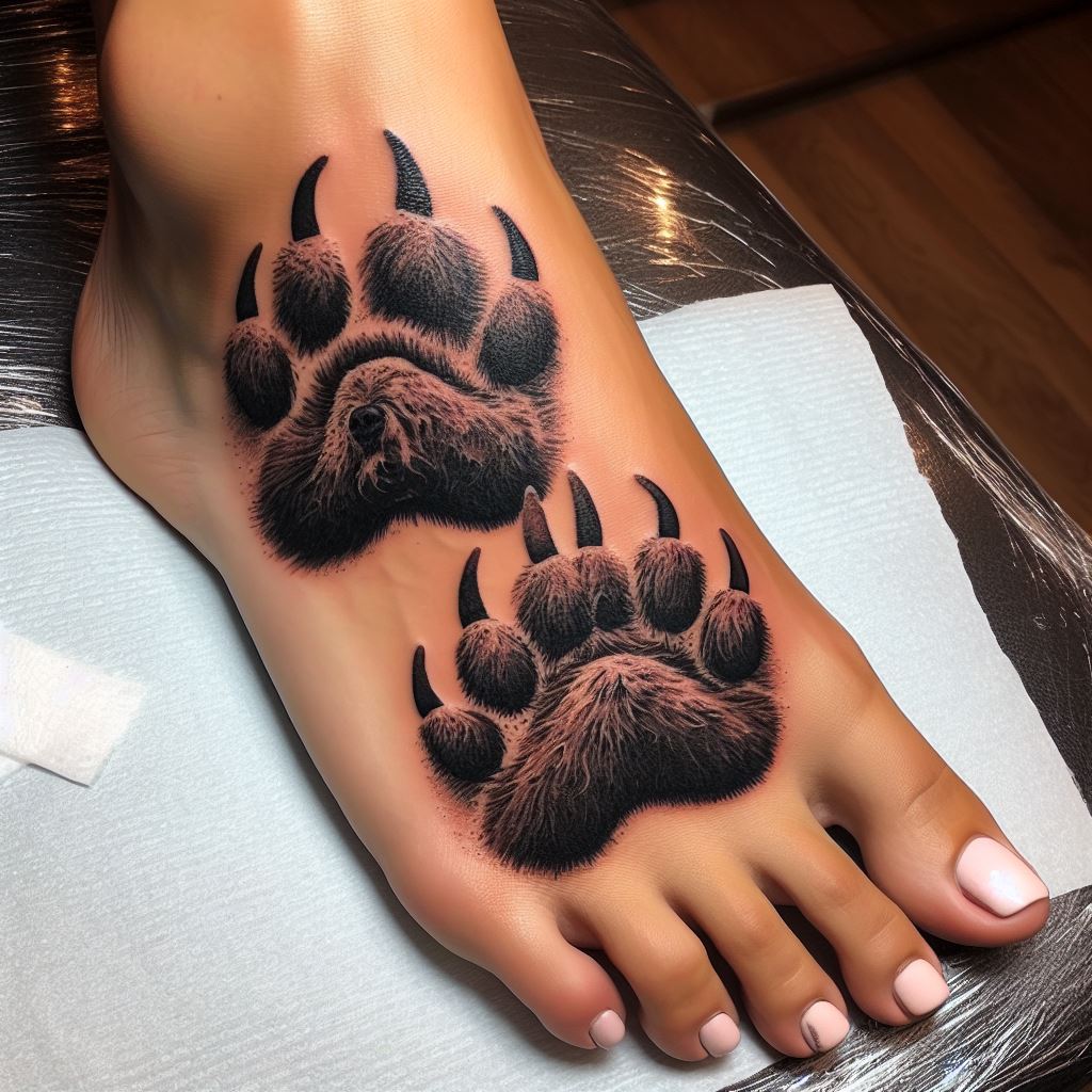 A tattoo of two bear tracks crossing over the top of the foot, symbolizing the path walked together with nature. Each footprint is detailed, showing the texture of the bear's pads and claws, creating a realistic and dynamic effect as if a bear had just walked across the skin. The design is a tribute to wilderness and adventure, inviting the wearer to walk bravely on their journey.