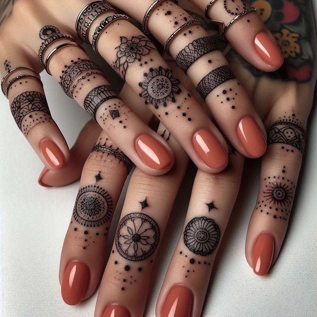 A series of small, delicate ring tattoos on the fingers, each with unique patterns to cover old tattoos, turning them into fashionable statements.