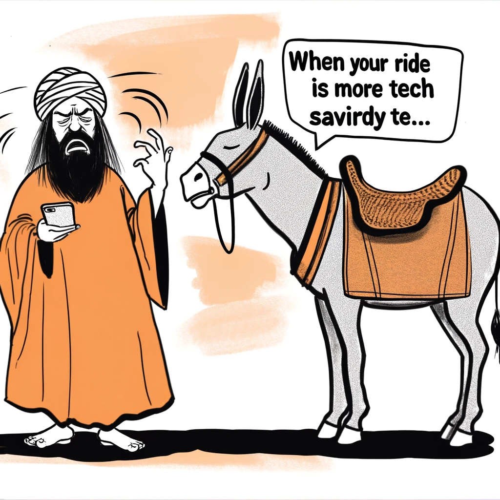 An illustration of Balaam arguing with his donkey, who is browsing on a smartphone, completely ignoring him. The caption reads, "When your ride is more tech-savvy than you."