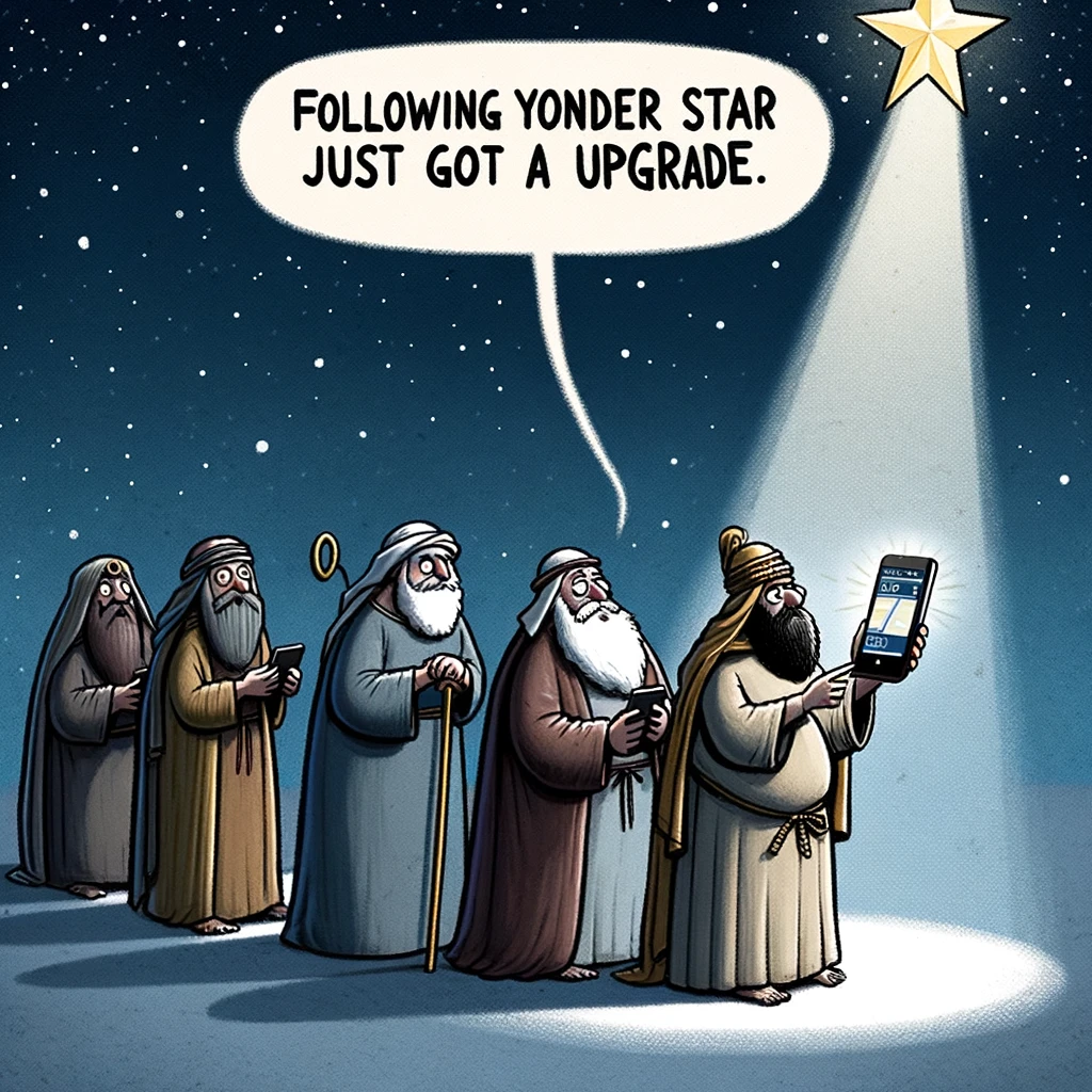 A humorous depiction of the wise men following the star to Bethlehem, but one of them is using GPS navigation on his smartphone. The caption reads, "Following yonder star just got an upgrade."